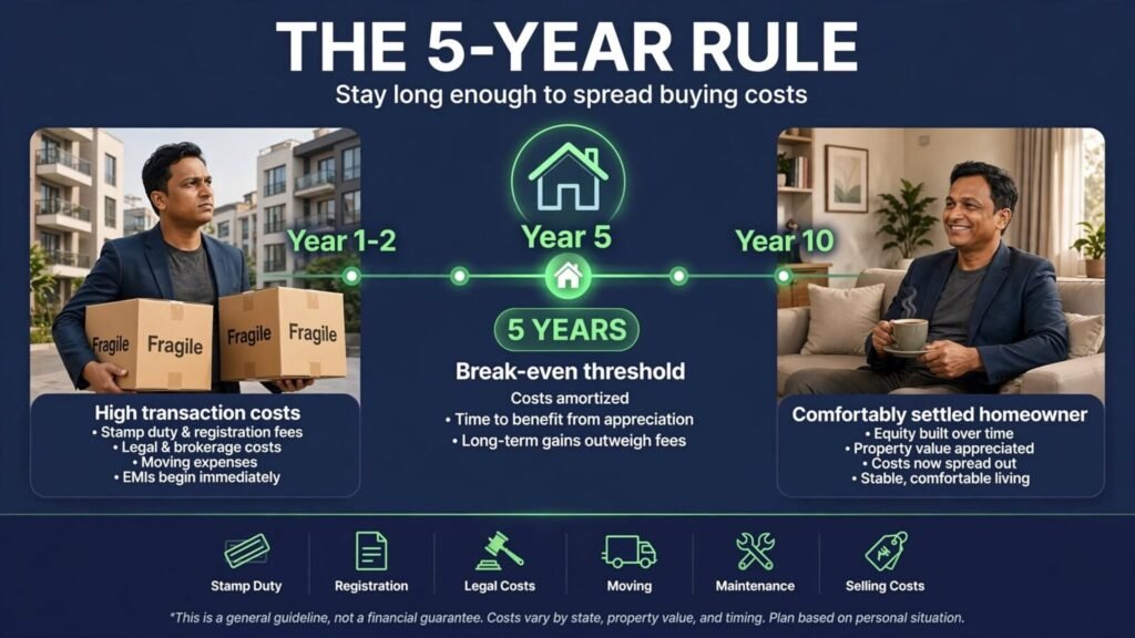 Five-year rule for rent versus buying a home in India showing transaction costs over time