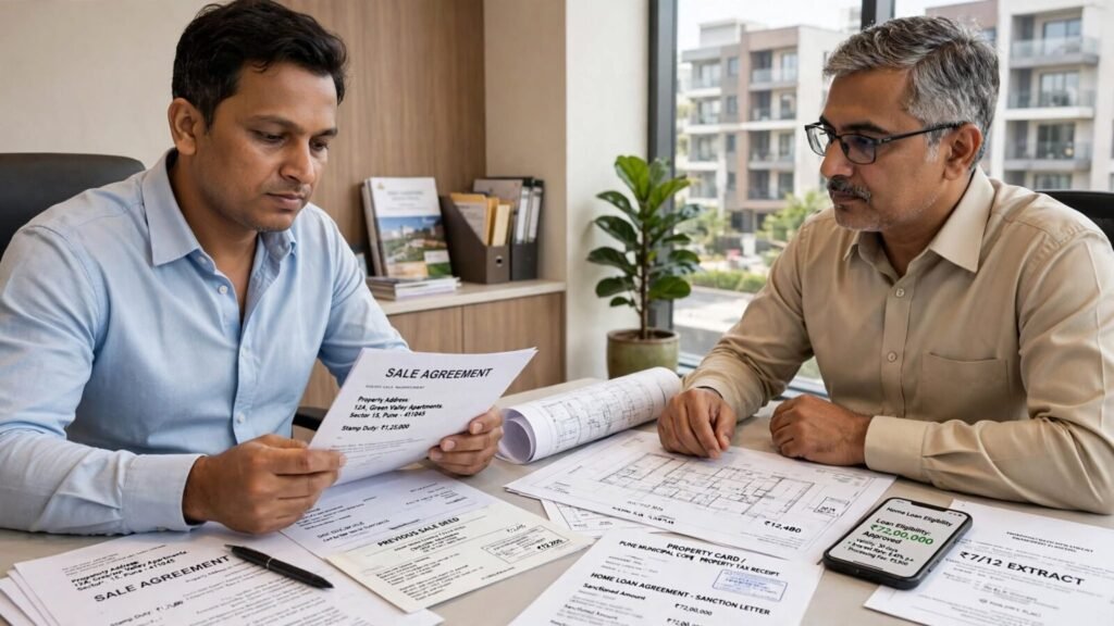Homebuyer checking property documents before paying a token amount