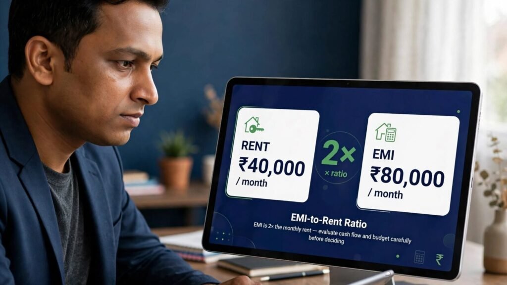 EMI-to-rent ratio comparison showing ₹80,000 EMI versus ₹40,000 rent