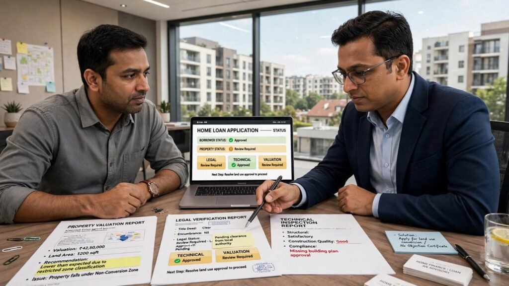 Homebuyer discussing property-related home loan rejection with a loan professional
