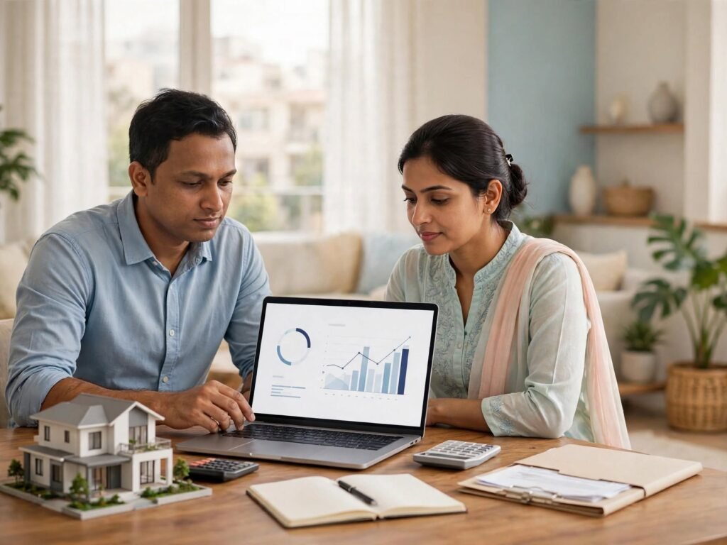 Indian couple reviewing home loan affordability and financial planning on a laptop, with a house model and calculator on the table.