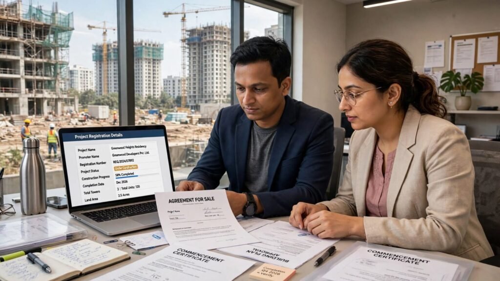 Homebuyer checking RERA registration of an under-construction property